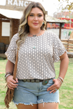 Curvy Khaki Geometric Print Ruffled Sleeve Blouse