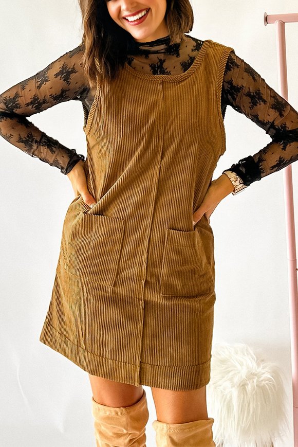Khaki Corduroy Sleeveless Dress