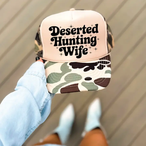 "Deserted Hunting Wife" Camo and Tan Trucker Hat