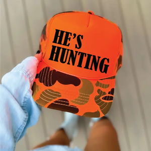 "He's Hunting" Orange Camo Trucker Hat