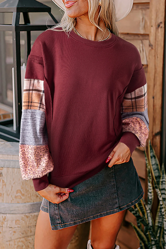 Red Plaid Colorblock Patchwork Raw Seam Sweatshirt