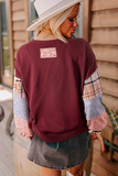 Red Plaid Colorblock Patchwork Raw Seam Sweatshirt