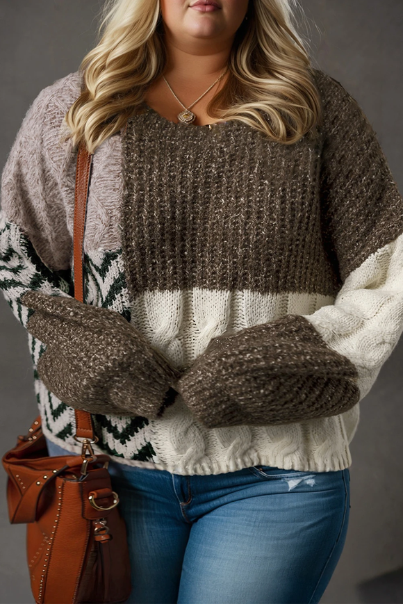 Curvy Brown Color Block Patchwork Knotted Back Loose Fit Sweater