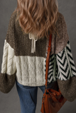 Curvy Brown Color Block Patchwork Knotted Back Loose Fit Sweater