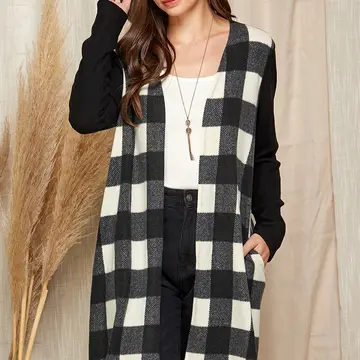 Black/White Contrast Open Front Cardigan