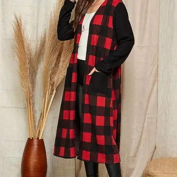 Black/Red Contrast Open Front Cardigan