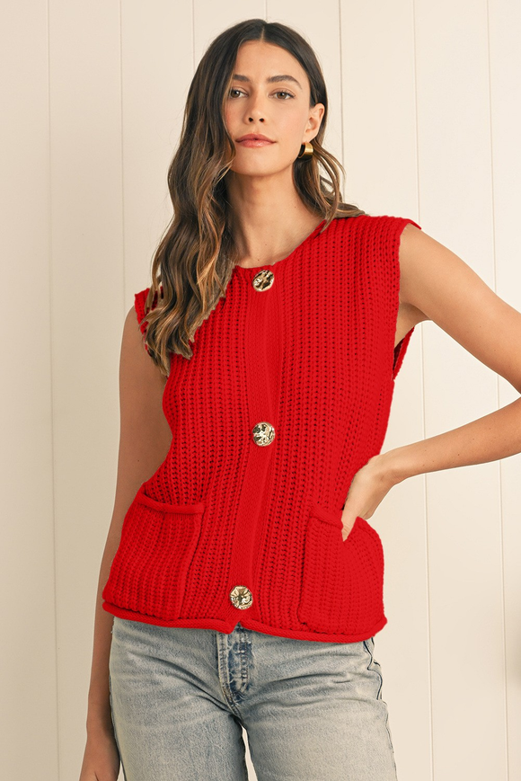 Knit Buttoned Sweater Vest - Red