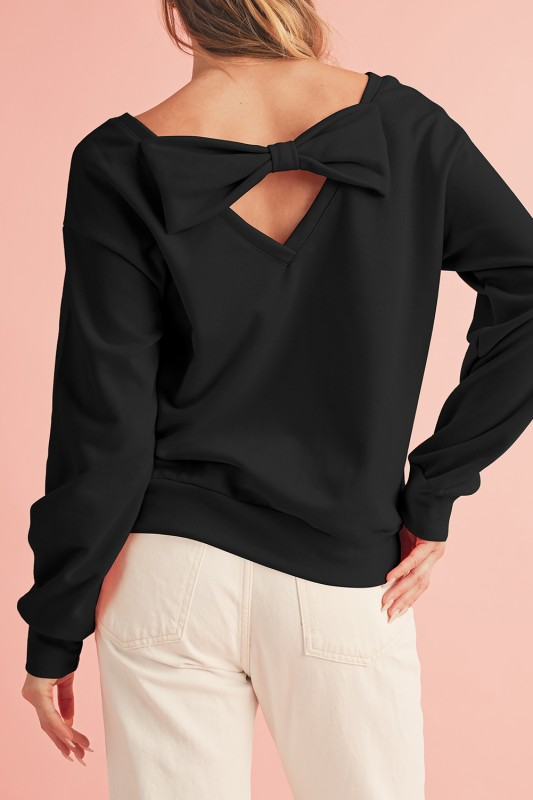 Bow Round Neck Sweatshirt - Black