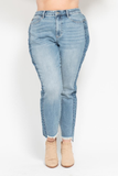 Curvy Judy Blue Vintage Wash Side Panel Fray Denim
