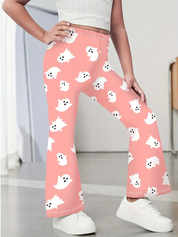 Girl's Pink Ghost Print Flare Pants