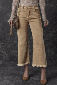 Beige Acid Washed High Rise Cropped Wide Leg Jeans