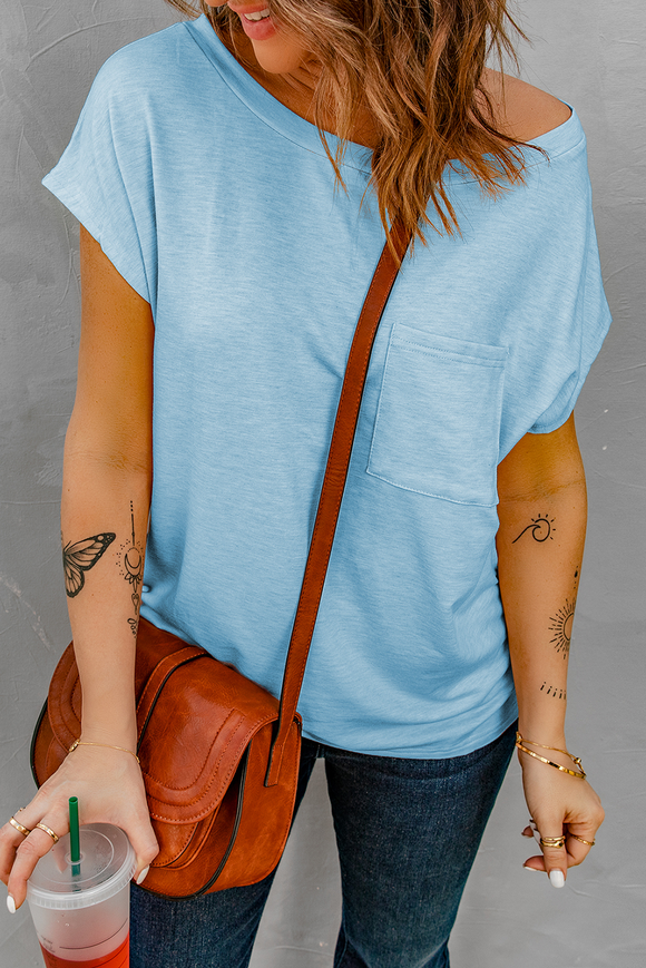 Knit Pocketed Tee with Side Slits - Sky Blue