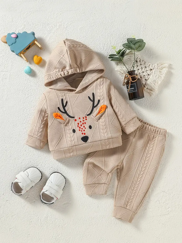 Baby Deer Embroidered 2 PC Set - Beige