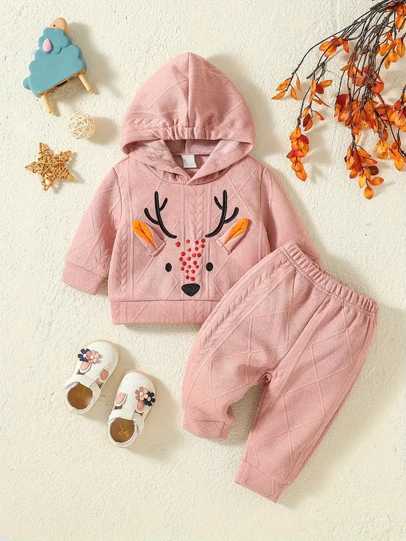 Baby Deer Embroidered 2 PC Set - Pink