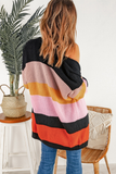 Multicolor Waffle Knit Color Block Open Front Cardigan