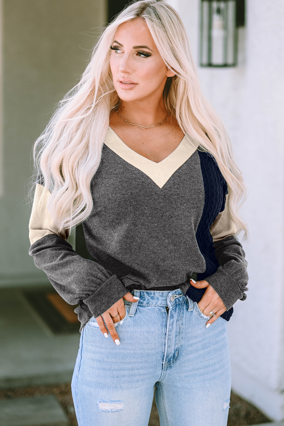 Contrast Knit V-Neck Colorblock Long Sleeve Top