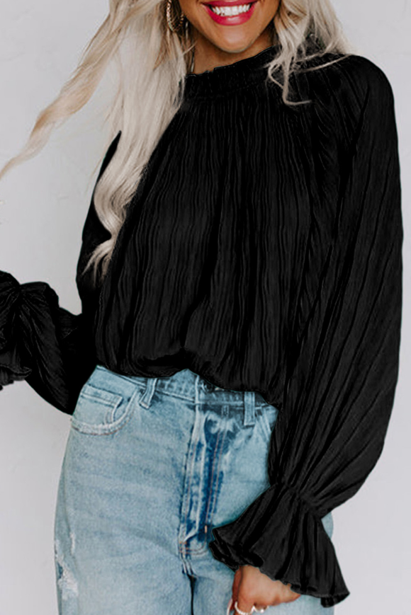 Black Striking Pleated Flared Cuff Long Sleeve Blouse