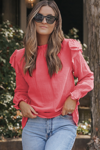 Rose Textured Ruffled Puff Sleeve Blouse