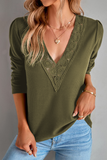 Green Lace Patchwork V-Neck Waffle Knit Top