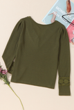 Green Lace Patchwork V-Neck Waffle Knit Top