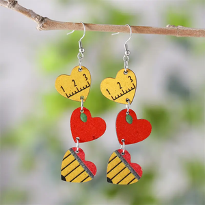 "Ruler, Apple, Pencil" Heart Dangle Earrings