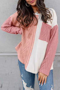 Pink Long Sleeve Colorblock Knit Top