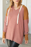 Brown Waffle Knit Drawstring V-Neck Hoodie