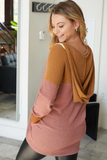 Brown Waffle Knit Drawstring V-Neck Hoodie