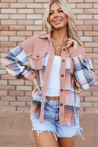 Pink Plaid Corduroy Patchwork Shacket