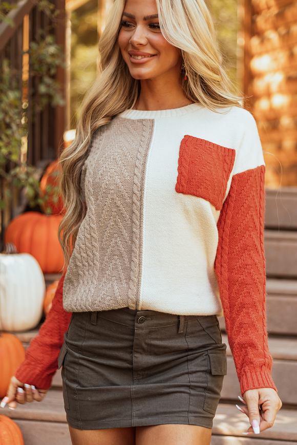 Orange Colorblock Pocket Sweater