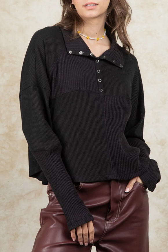 Black Ribbed Knit Snap Button Long Sleeve Top