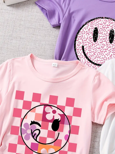 Girl's Pink Checkered Smiley Tee