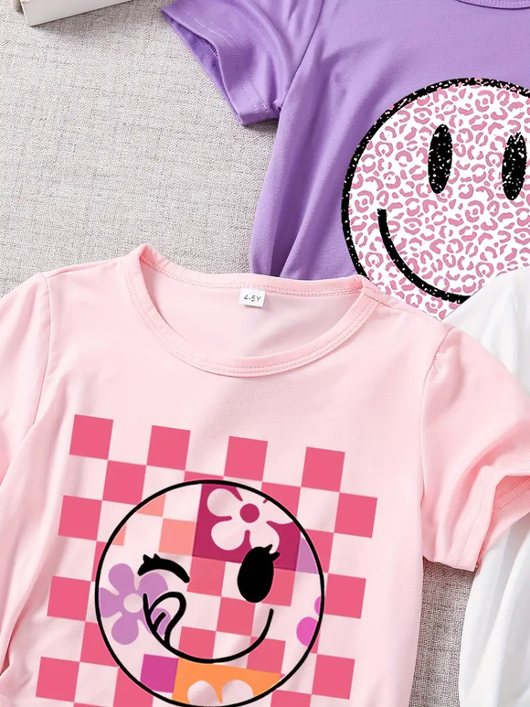 Girl's Pink Checkered Smiley Tee