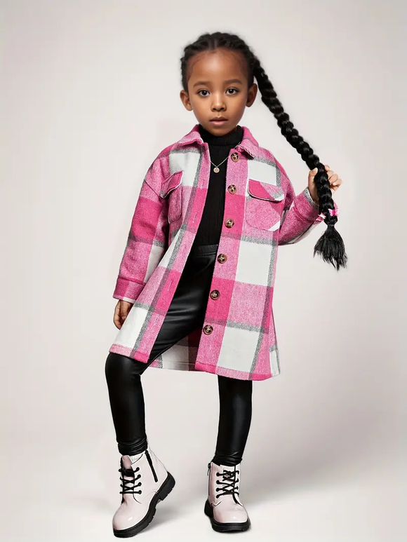 Girl's Pink Plaid Long Shacket