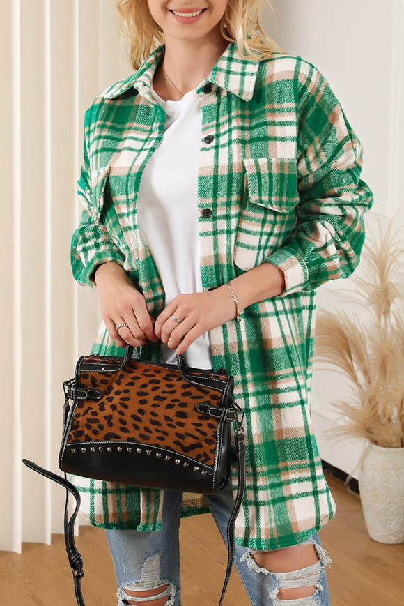 Green Plaid Flap Pocket Long Sleeve Shacket