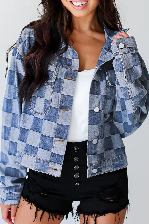 Light Blue Checkered Patchwork Denim Jacket