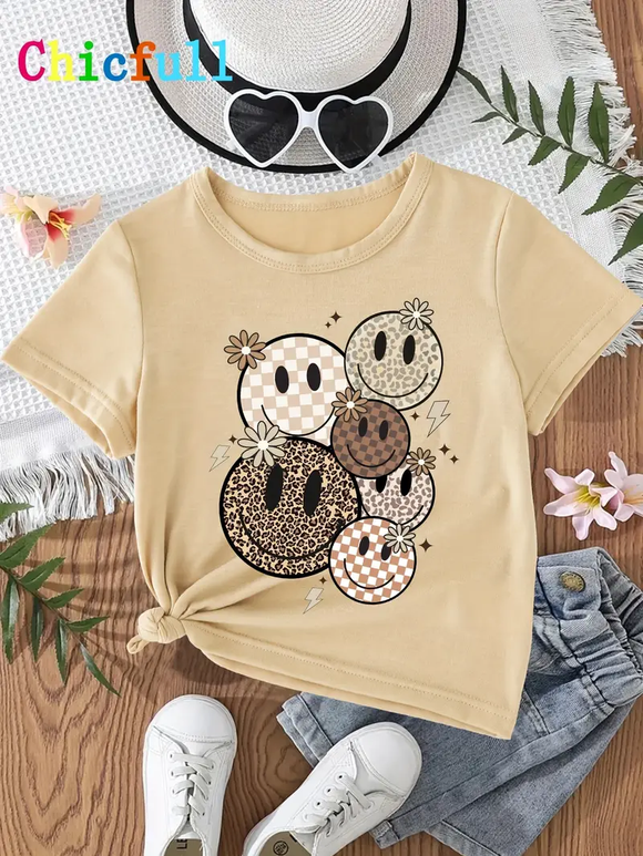 Girl's Beige Checkered Smiley Tee