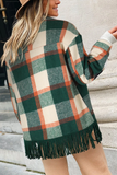 Sea Green Plaid Snap Button Pocket Fringed Hem Jacket