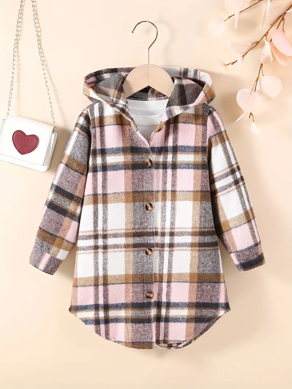 Girl's Pink Plaid Long Shacket