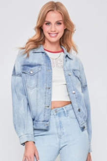 80's Style Denim Jacket with Elastic Hem - Light Wash