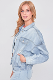 80's Style Denim Jacket with Elastic Hem - Light Wash