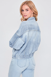 80's Style Denim Jacket with Elastic Hem - Light Wash