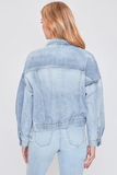 80's Style Denim Jacket with Elastic Hem - Light Wash