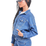 80's Style Denim Jacket with Elastic Hem - Medium Wash