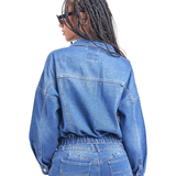 80's Style Denim Jacket with Elastic Hem - Medium Wash