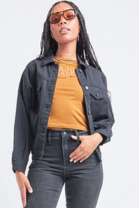 80's Style Denim Jacket with Elastic Hem - Black