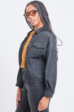 80's Style Denim Jacket with Elastic Hem - Black