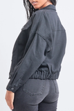 80's Style Denim Jacket with Elastic Hem - Black