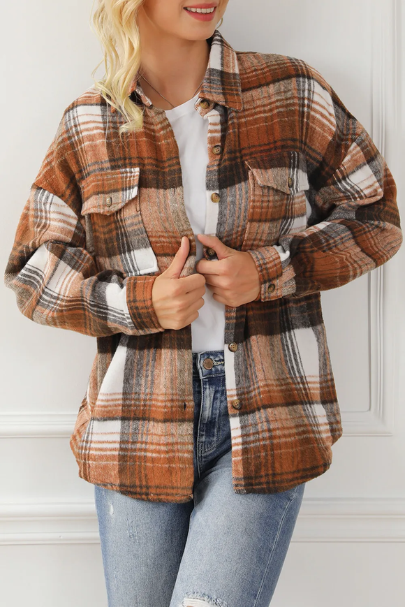 Brown Plaid Flap Pockets Shacket