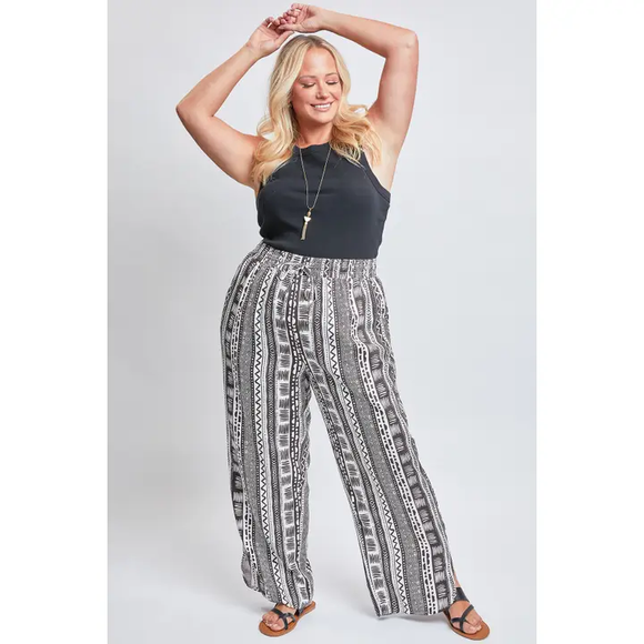 Curvy Linen Elastic Waist Pant with Slit Hem